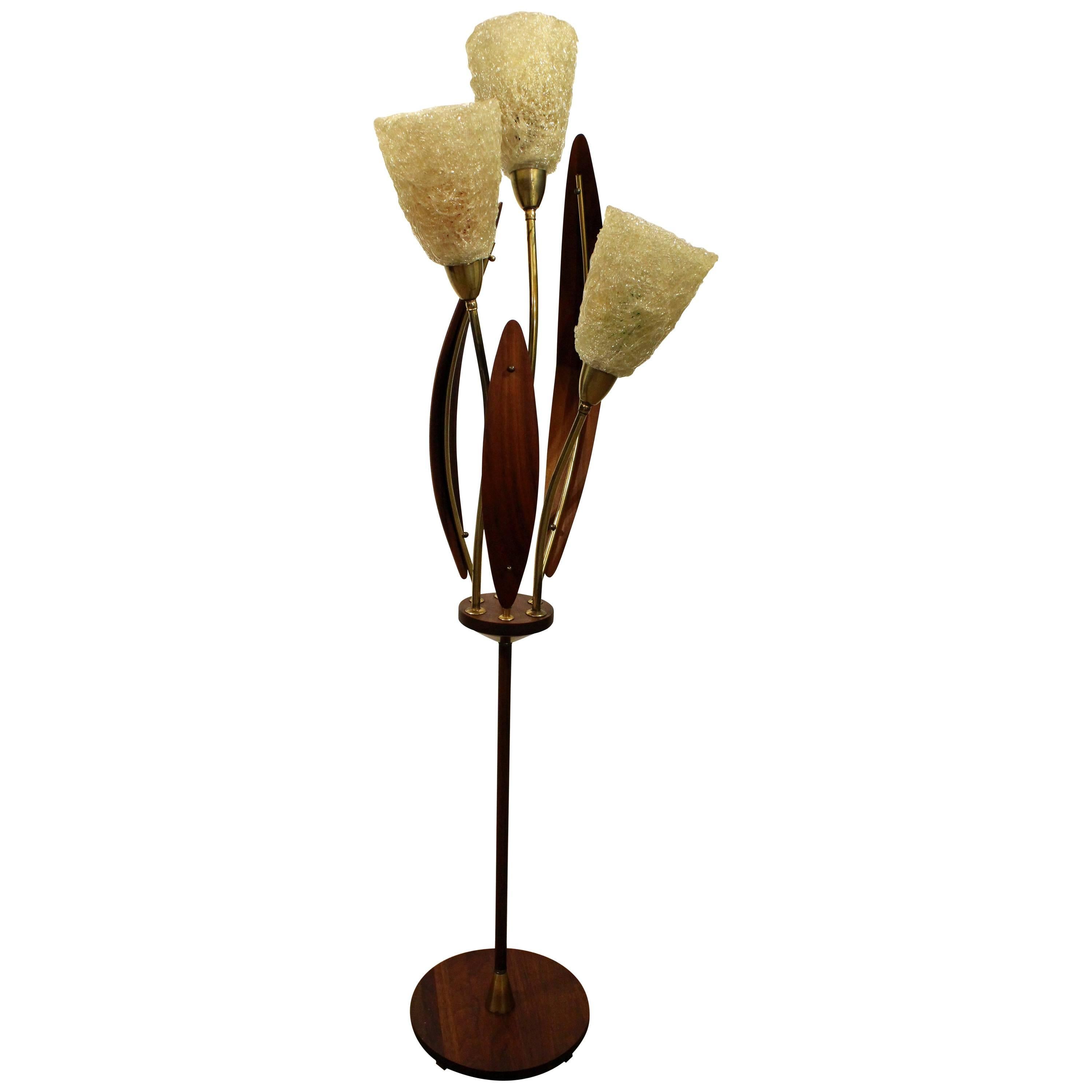 Mid-Century Modern Walnut Brass Spaghetti Three-Way Floor Lamp