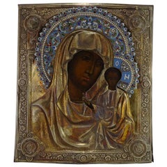 1832 Russian Icon Faberge School Madonna of Kazan with Silver Riza and Enamels