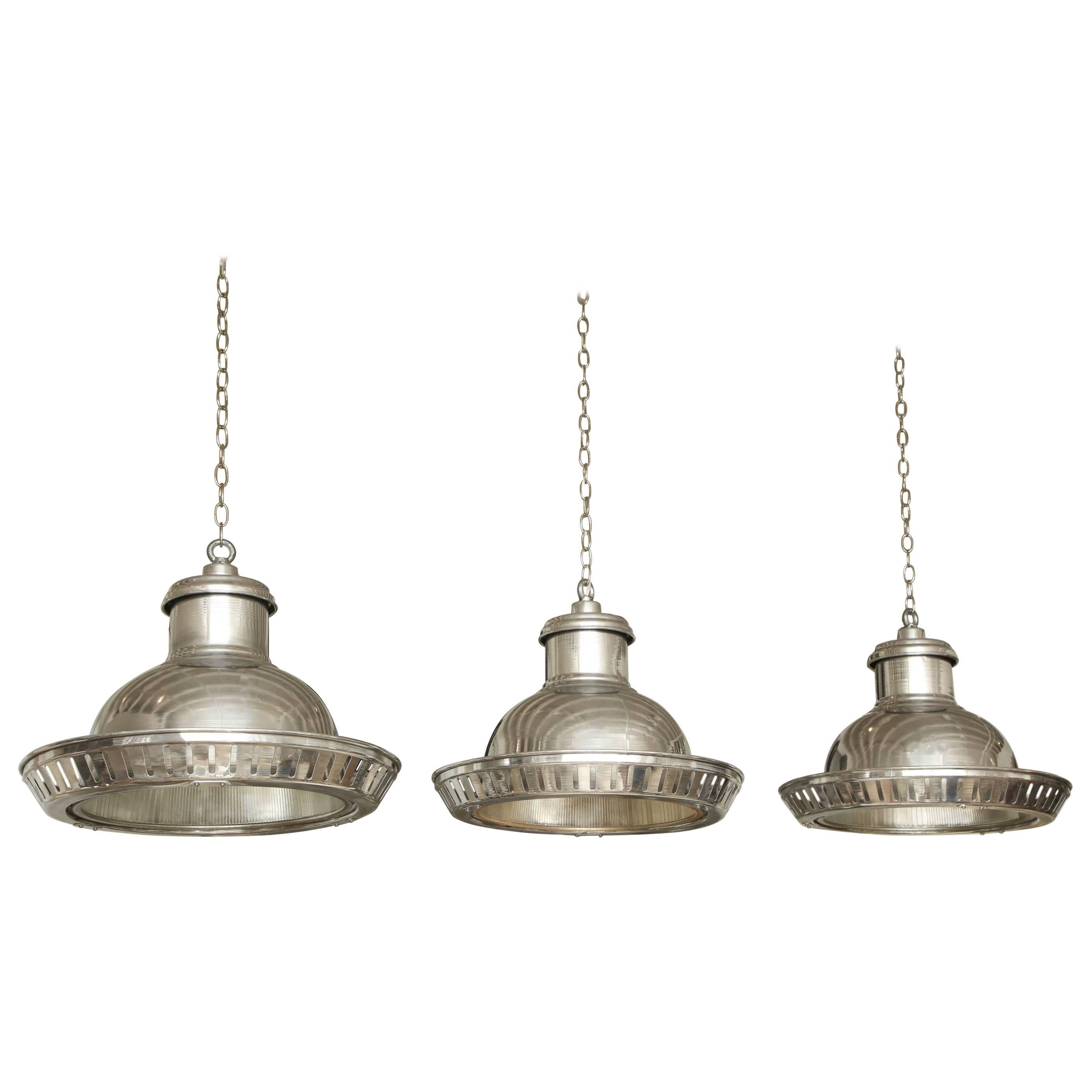 Set of three industrial style aluminium pendant lights with pierced flared edges and halophane glass liners. Recently rewired for US specifications, France, circa 1950.




Available to see in our NYC Showroom 
BK Antiques
306 East 61st St. 2nd