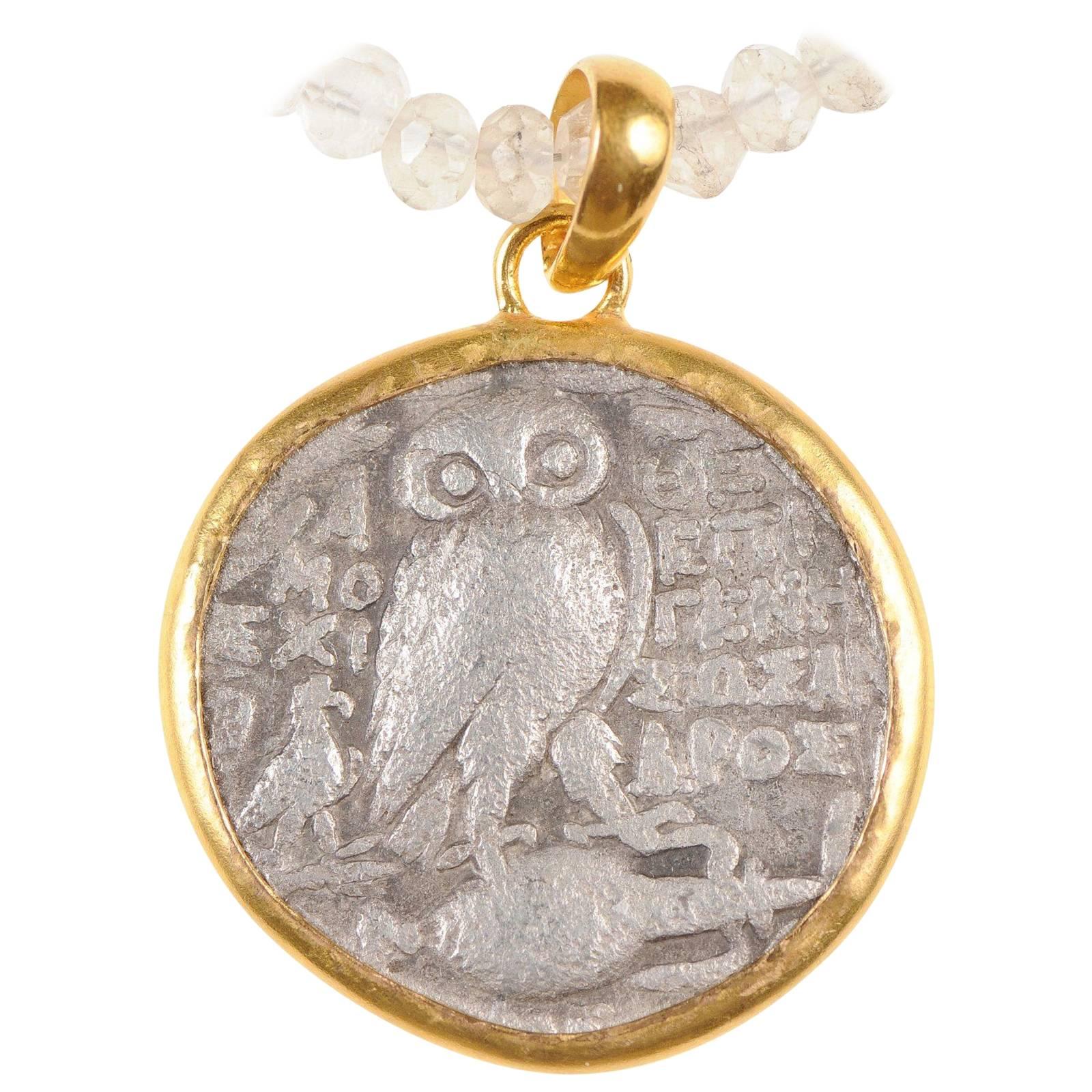 Authentic Greek Tetradrachm Owl Coin Set in 22-Karat Gold Necklace Bezel