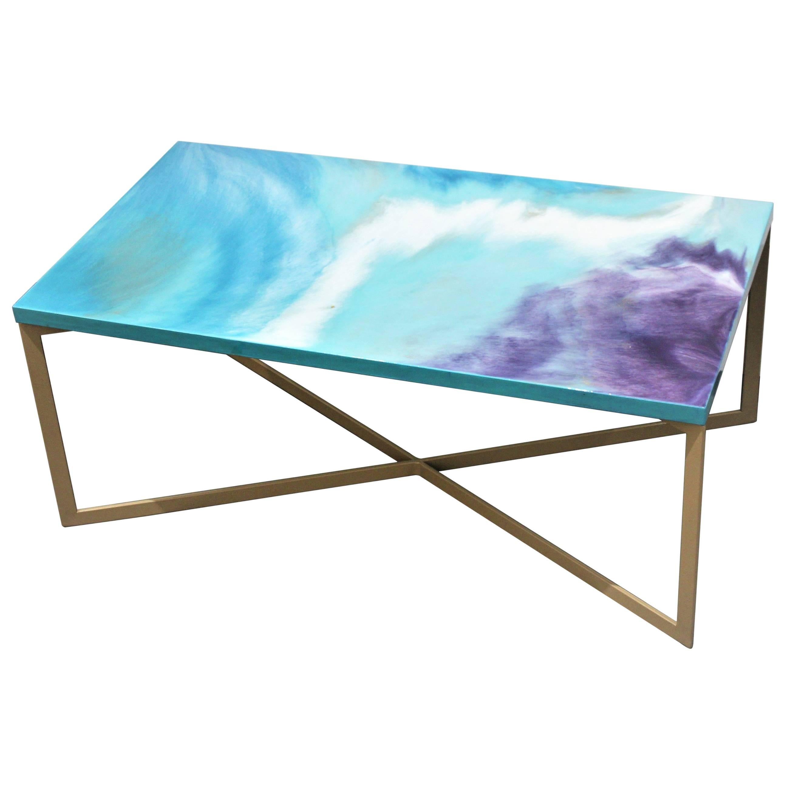 Contemporary Resin Coffee Table "Turquoise Mood" on Satin Steel Base For Sale