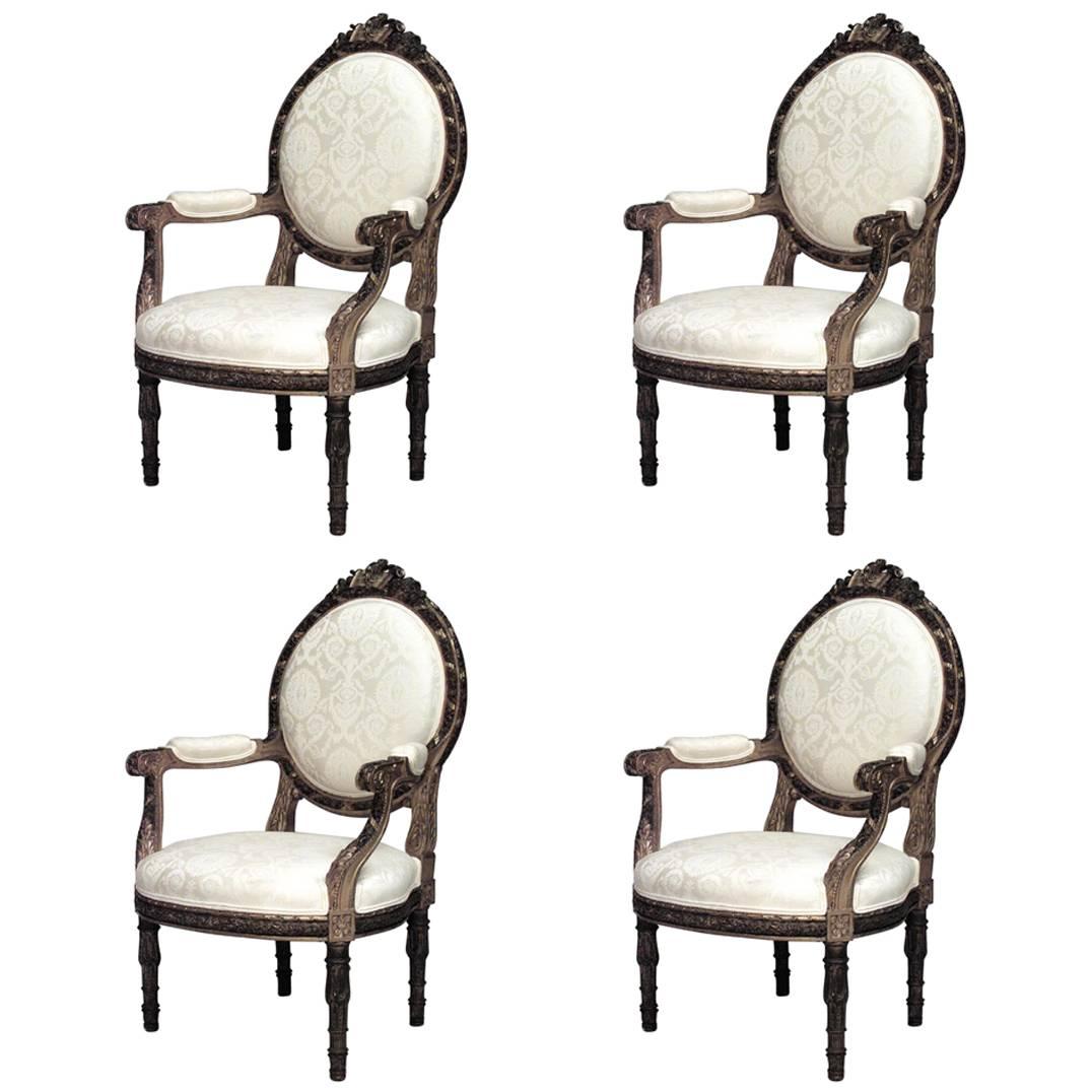 Set of 4 French Louis XVI Damask Arm Chairs For Sale