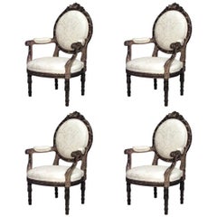 Set of 4 French Louis XVI Damask Arm Chairs