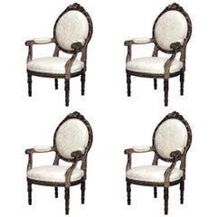 Antique Set of 4 French Louis XVI Damask Arm Chairs