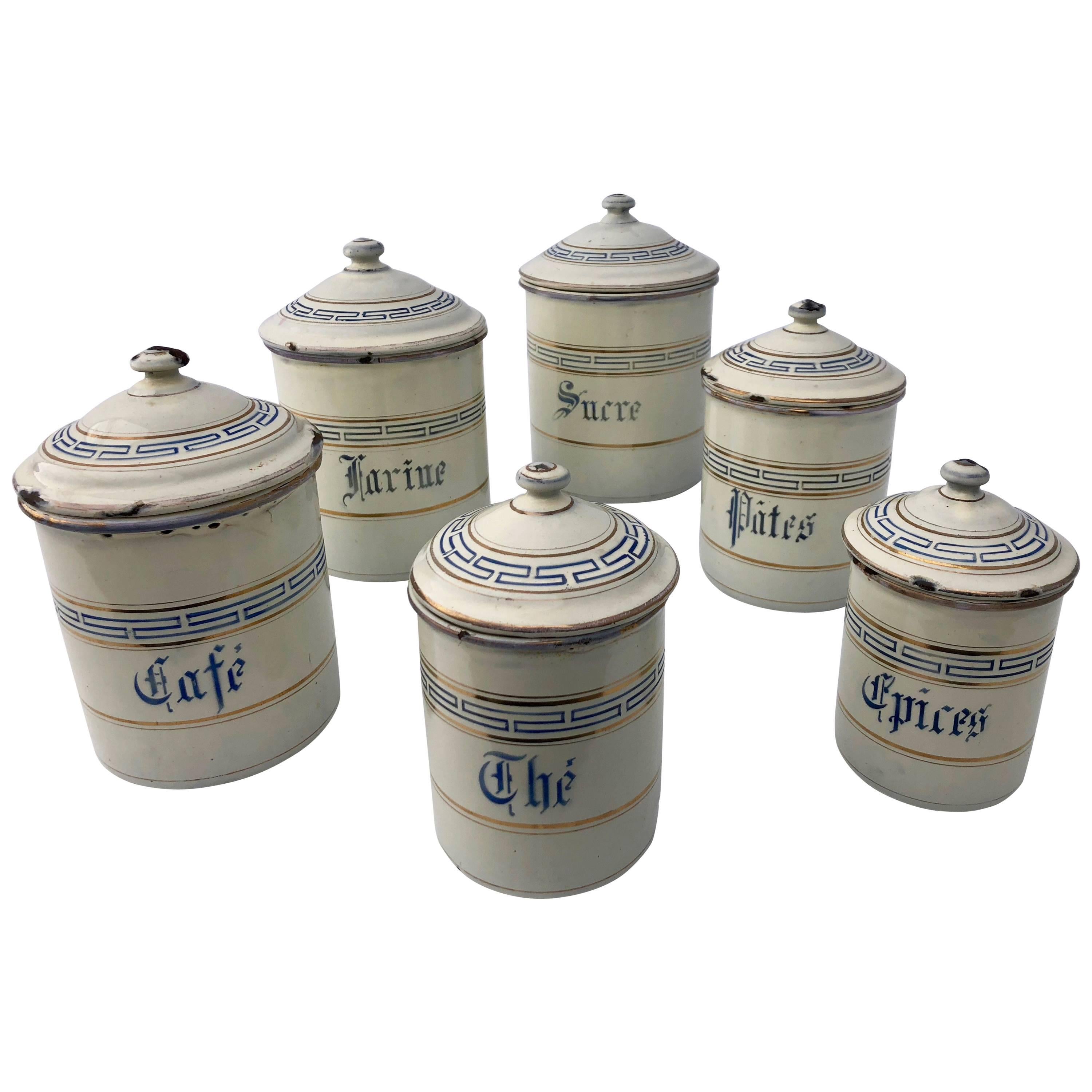 French Enamelware Antique Canister Off-White with Blue and Gold Trim, 12 Pieces For Sale