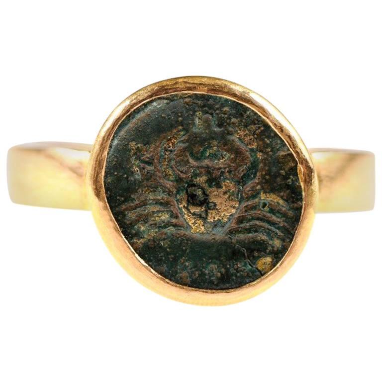 Bruttium coin with crab design set in  gold ring, 216–14 BC, offered by A. Tyner Antiques