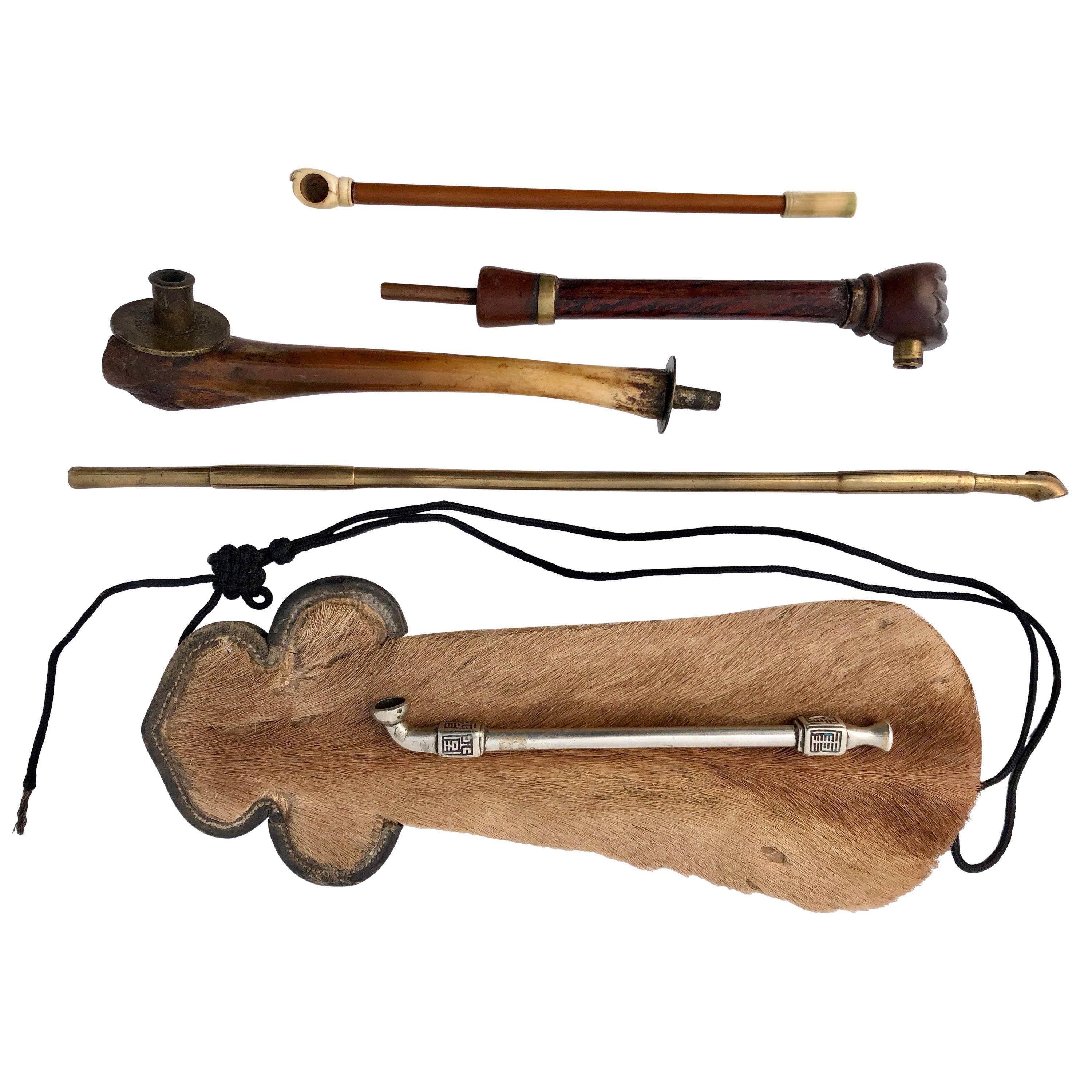 Collection of Five Chinese Opium Travel Pipes and Yak Fur Pouch, 1800s For Sale