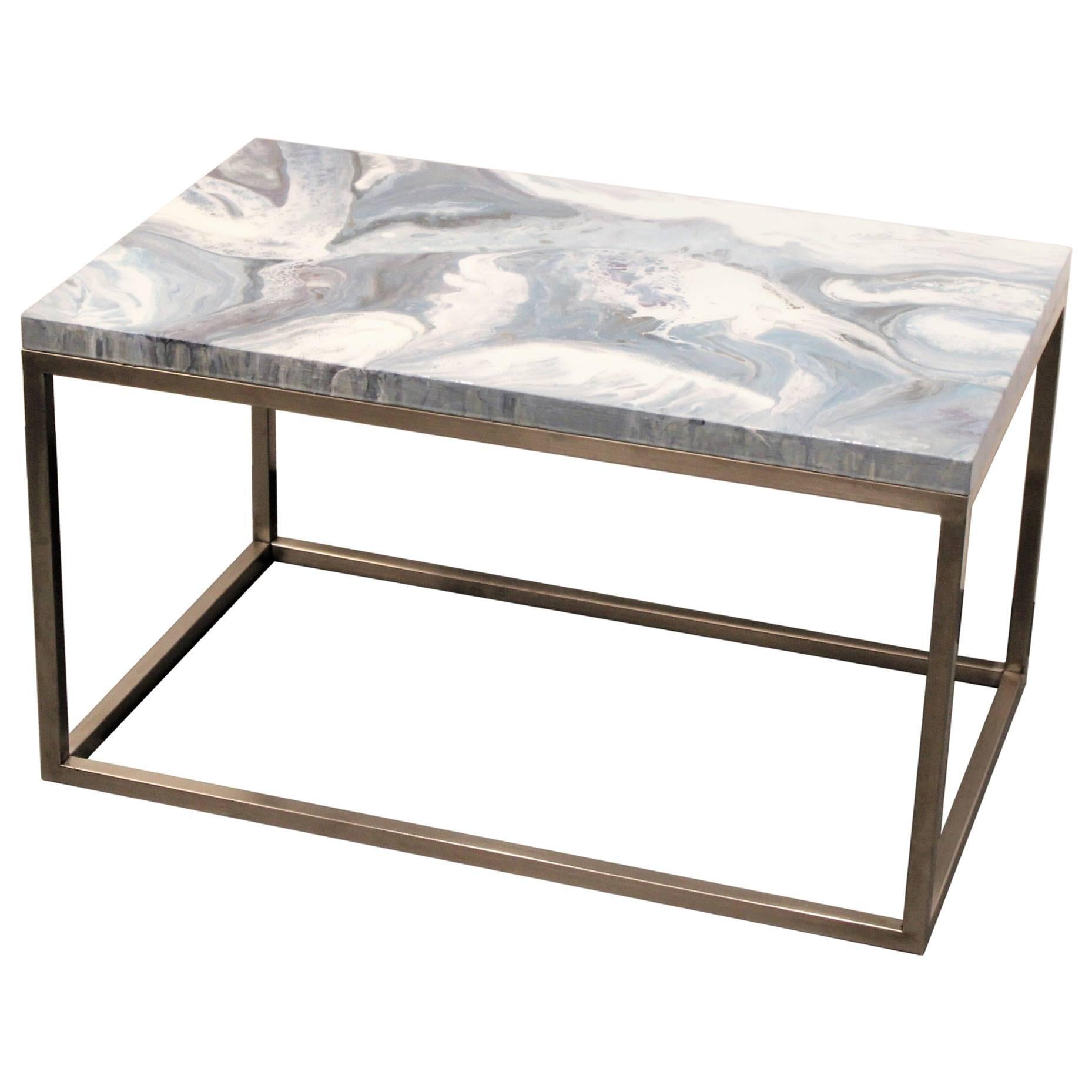 Contemporary Resin Coffee Table "Sea Marble" on Satin Stainless Steel Base For Sale