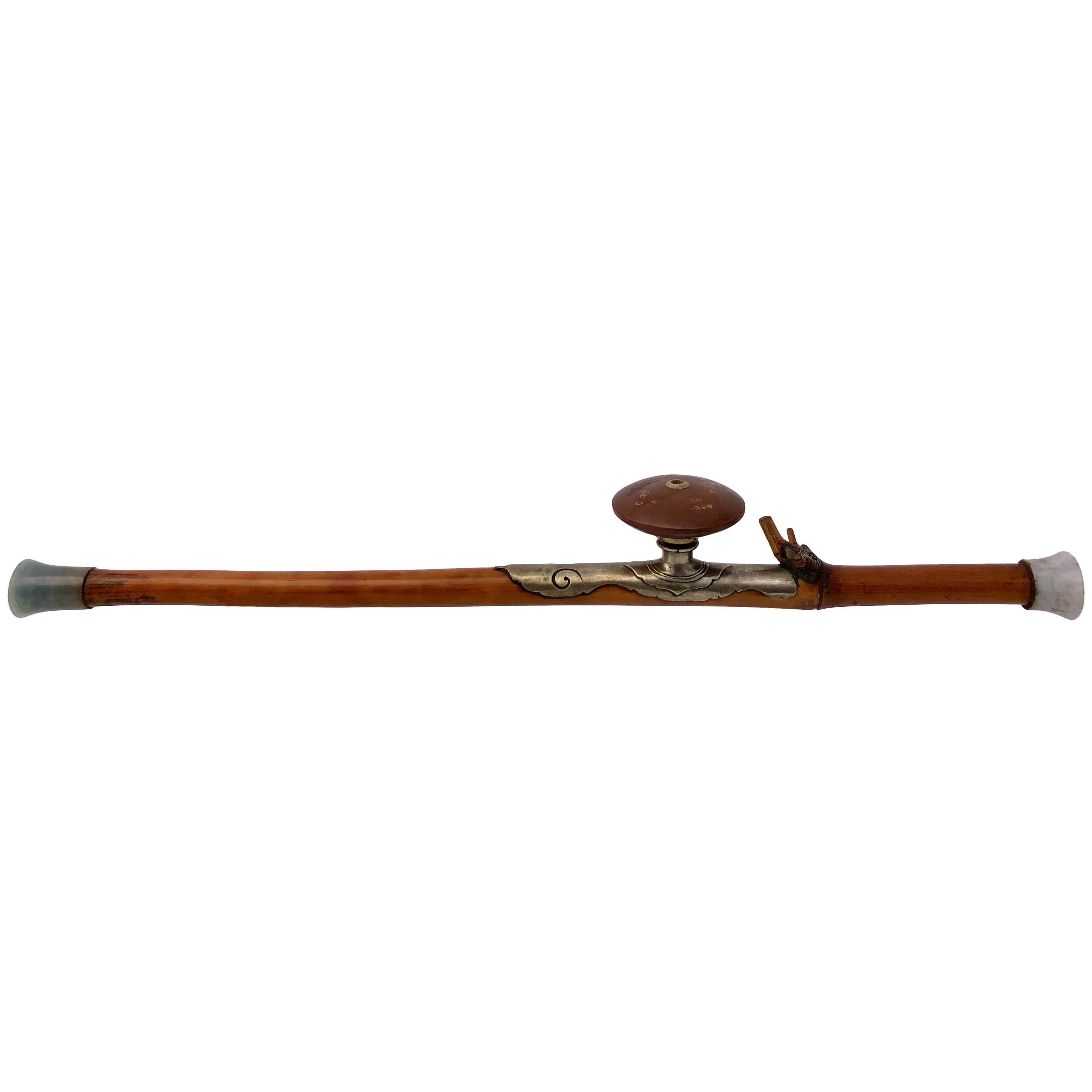 Chinese Bamboo Opium Pipe with Silver Saddle and Inscribed Yixing Bowl, 1800s For Sale