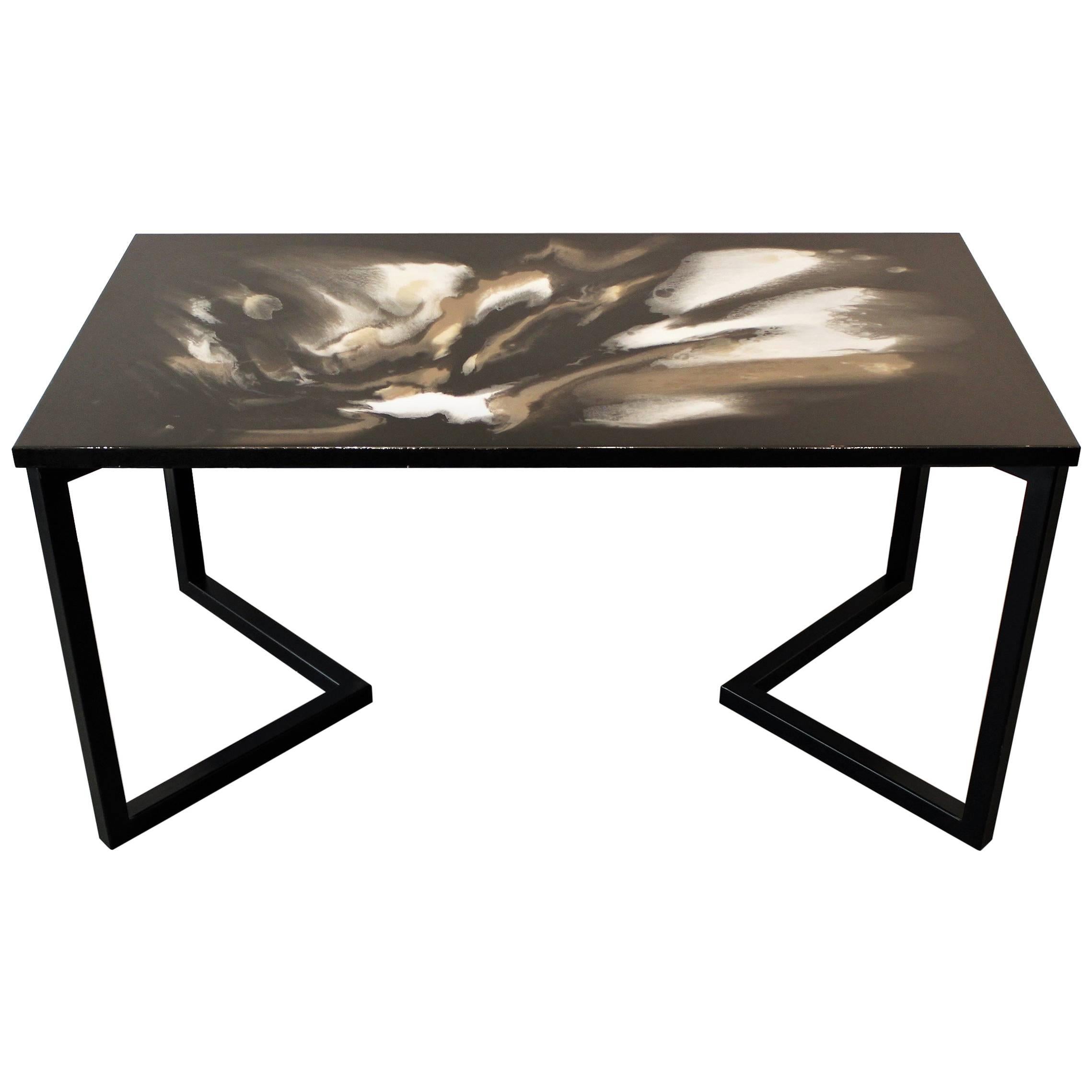 Contemporary Resin Dining Table "Swans' Promenade" on Black Satin Steel Base For Sale