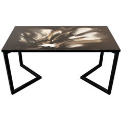 Contemporary Resin Dining Table "Swans' Promenade" on Black Satin Steel Base