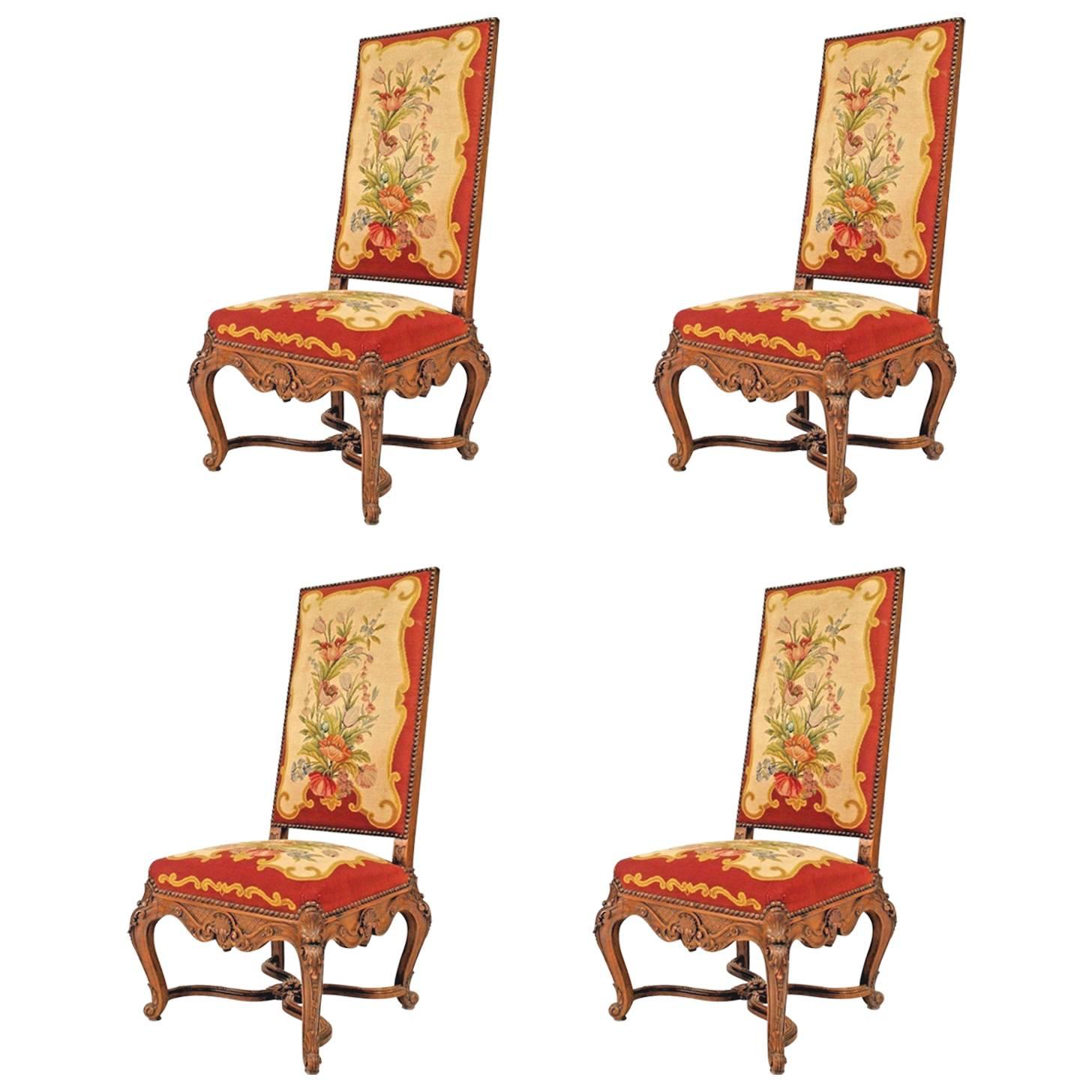 Set of 4 French Regence Red Floral Aubusson Side Chairs