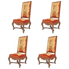 Antique Set of 4 French Regence Red Floral Aubusson Side Chairs