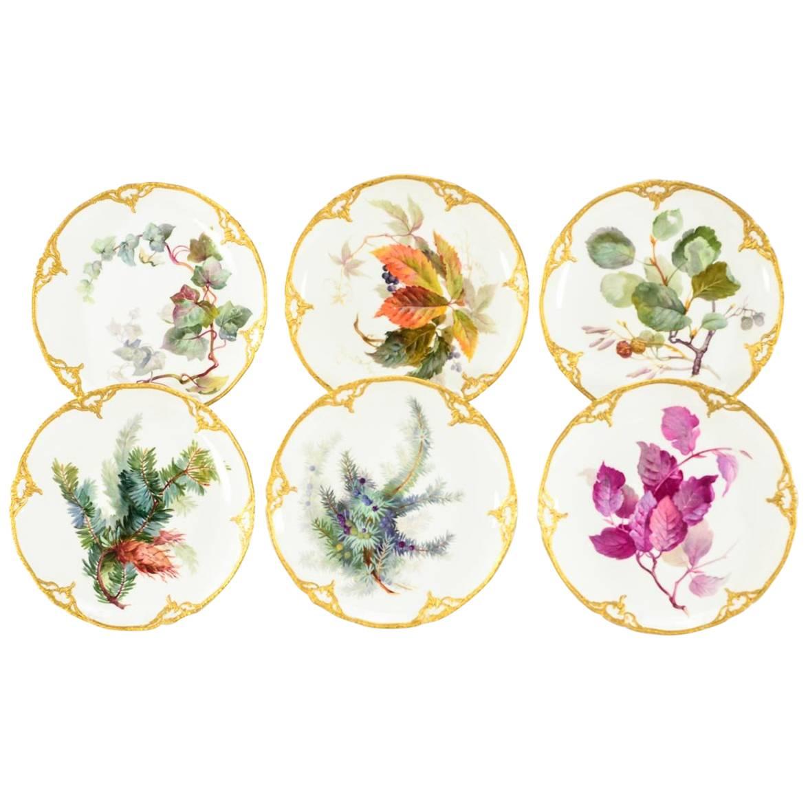 Set of Six Signed KPM Dessert Plates with Named Plant Species