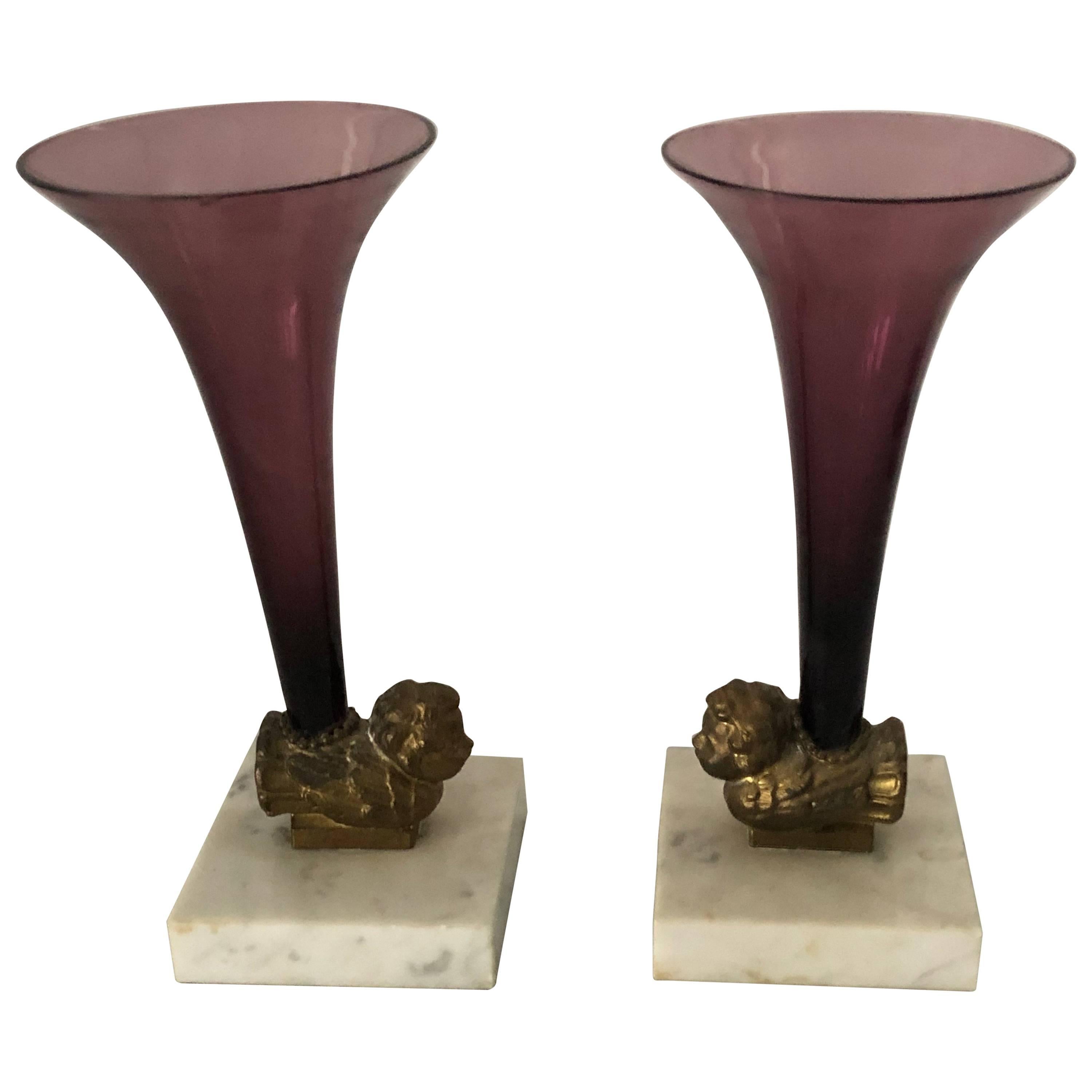 Pair of Gorgeous Antique Amethyst Glass, Bronze and Marble Garnitures For Sale
