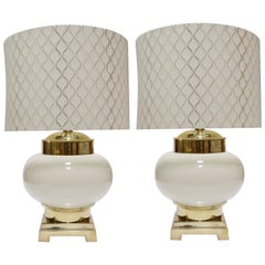 Antique Pair of Midcentury Lamps in Ivory Ceramic and Brass