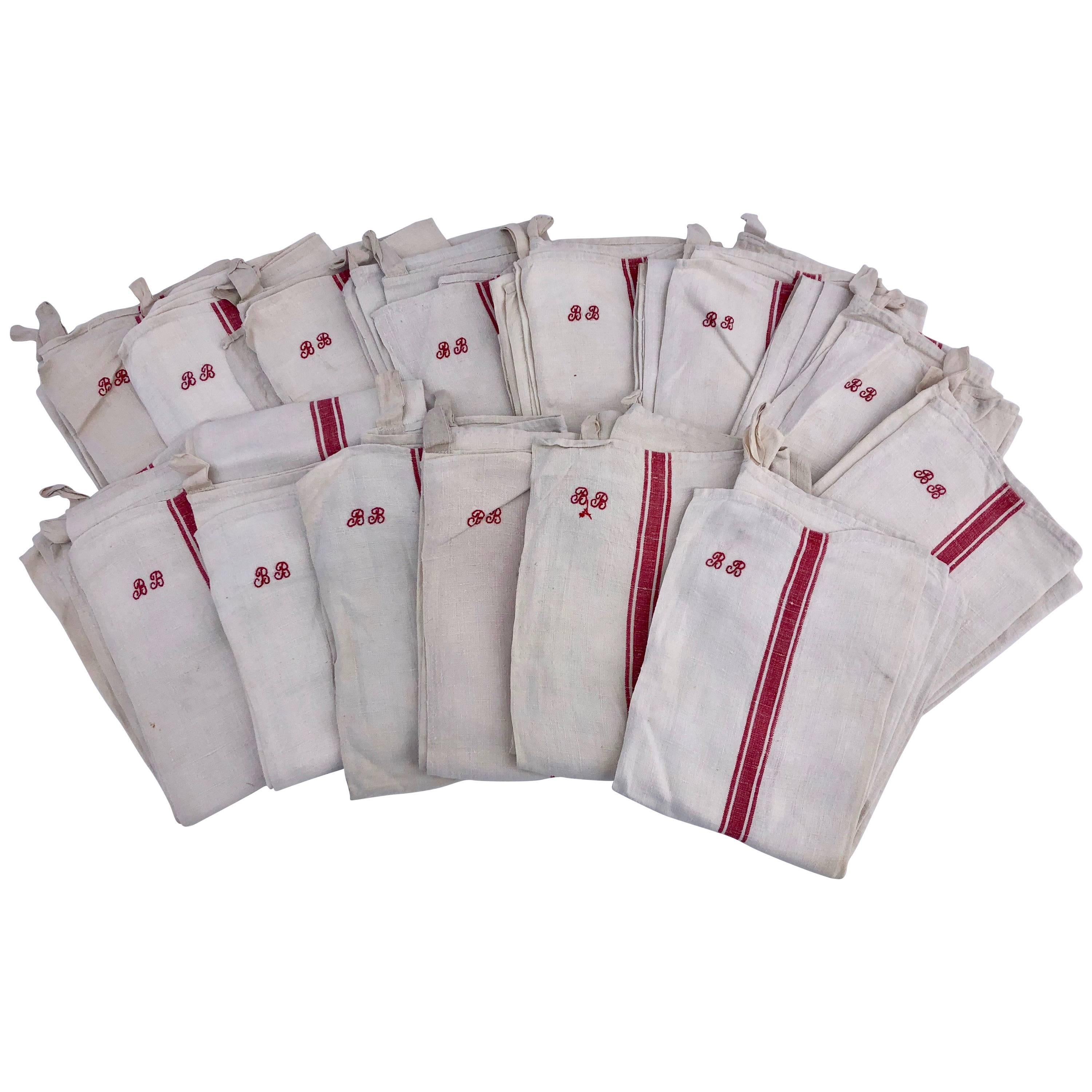 14 French Antique Linen Kitchen Towels Red Stripe, Embroidered "BB" Initials For Sale
