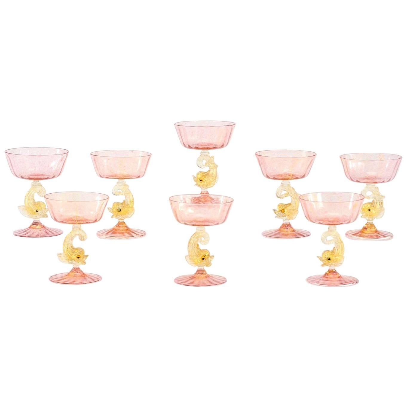 Eight Handblown Venetian/Murano Pink Rose Champagne Coupes with Figural Dolphins
