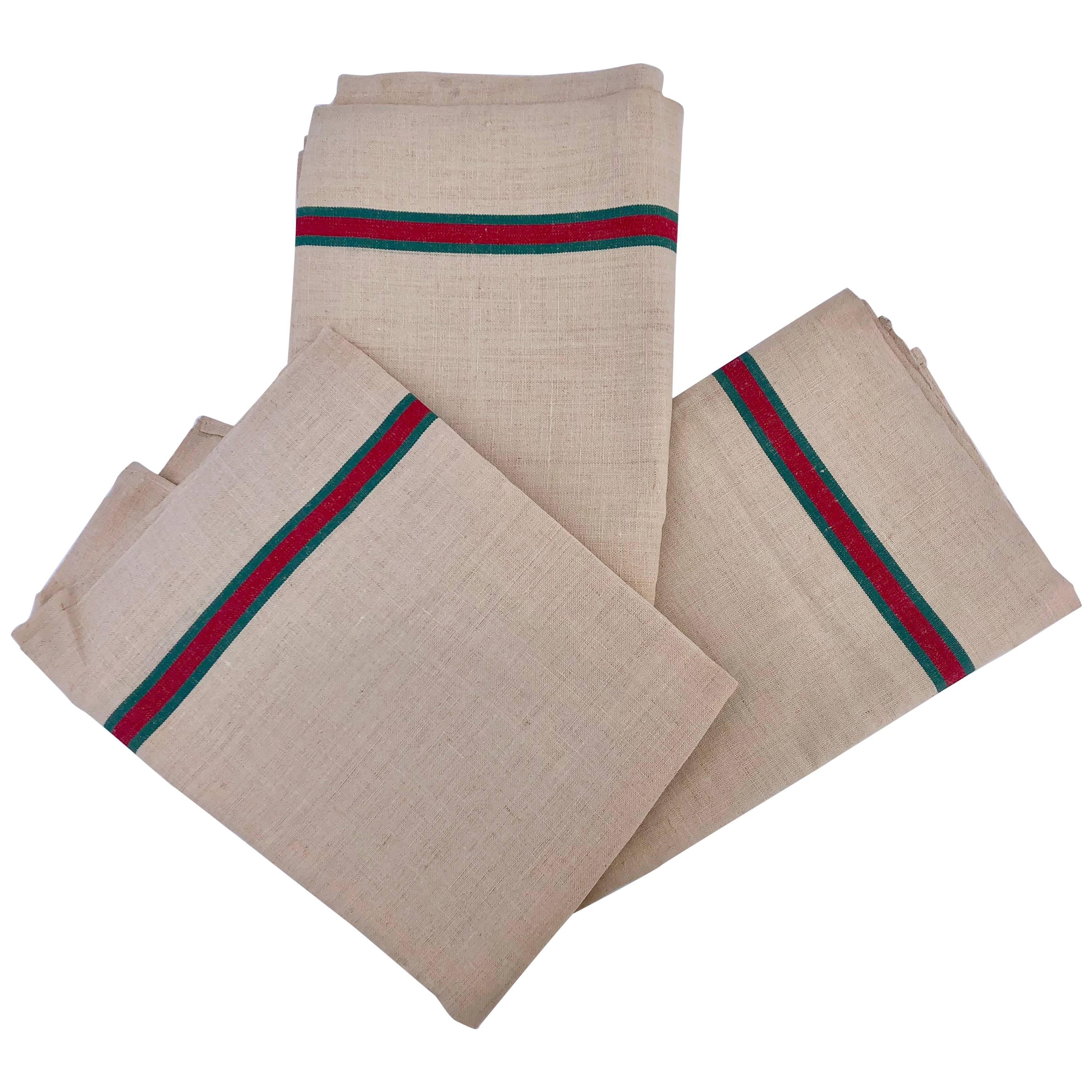 French Antique Linen Kitchen Towels ‘Set of Three’, with Red and Green Stripes For Sale