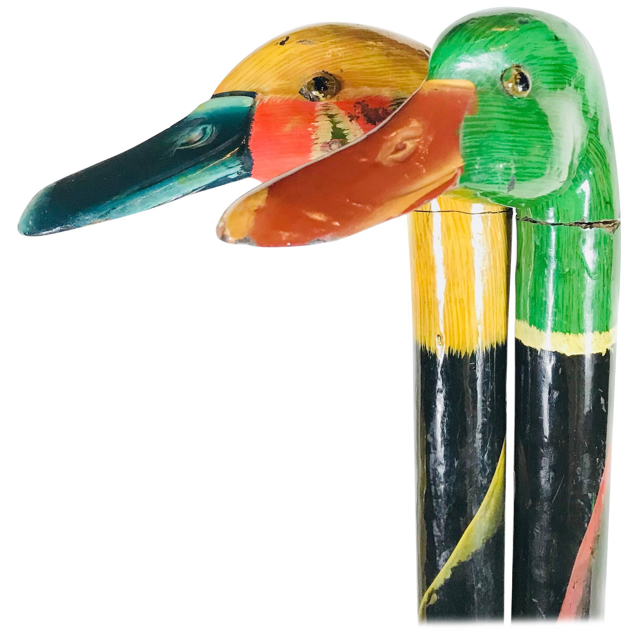 Pair of Mallard Duck Head Hand-Painted Walking Sticks, 1950s, England