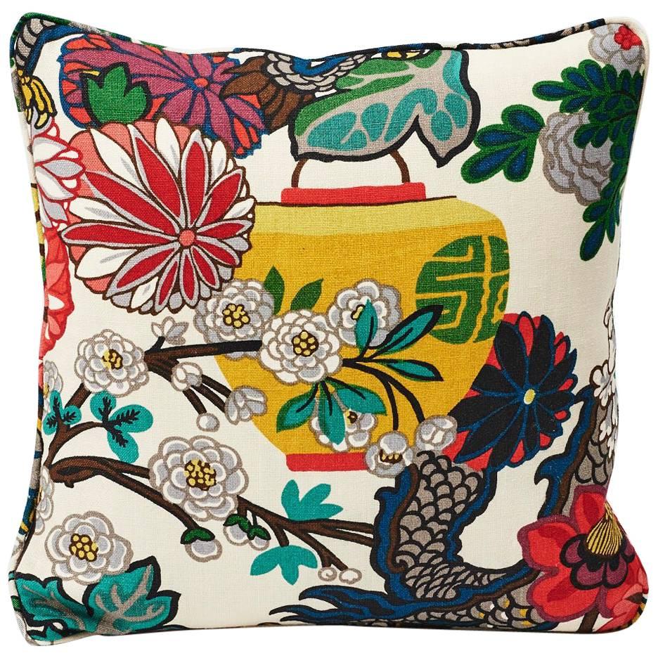 Schumacher Chiang Mai Dragon Chinoiserie Alabaster Linen Two-Sided 18" Pillow