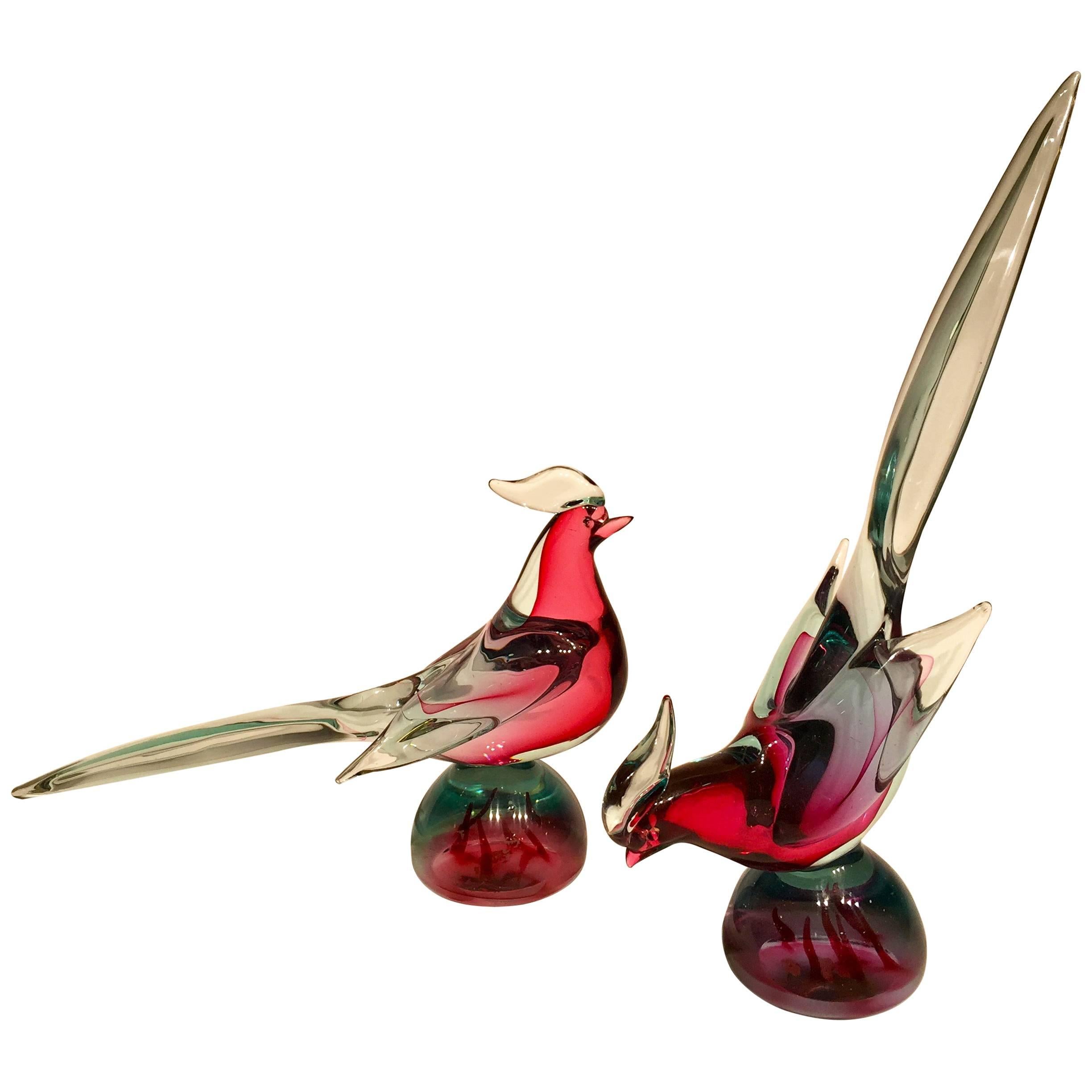 Archimede Seguso 1950 Pink and Blue Pair in Murano Glass For Sale