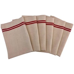 French Antique Linen Kitchen Towels 'Set of Six', with Red Stripes