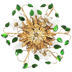 Banci Firenze Gilded Brass Floral Ceiling Lamp, 1980s, Italy