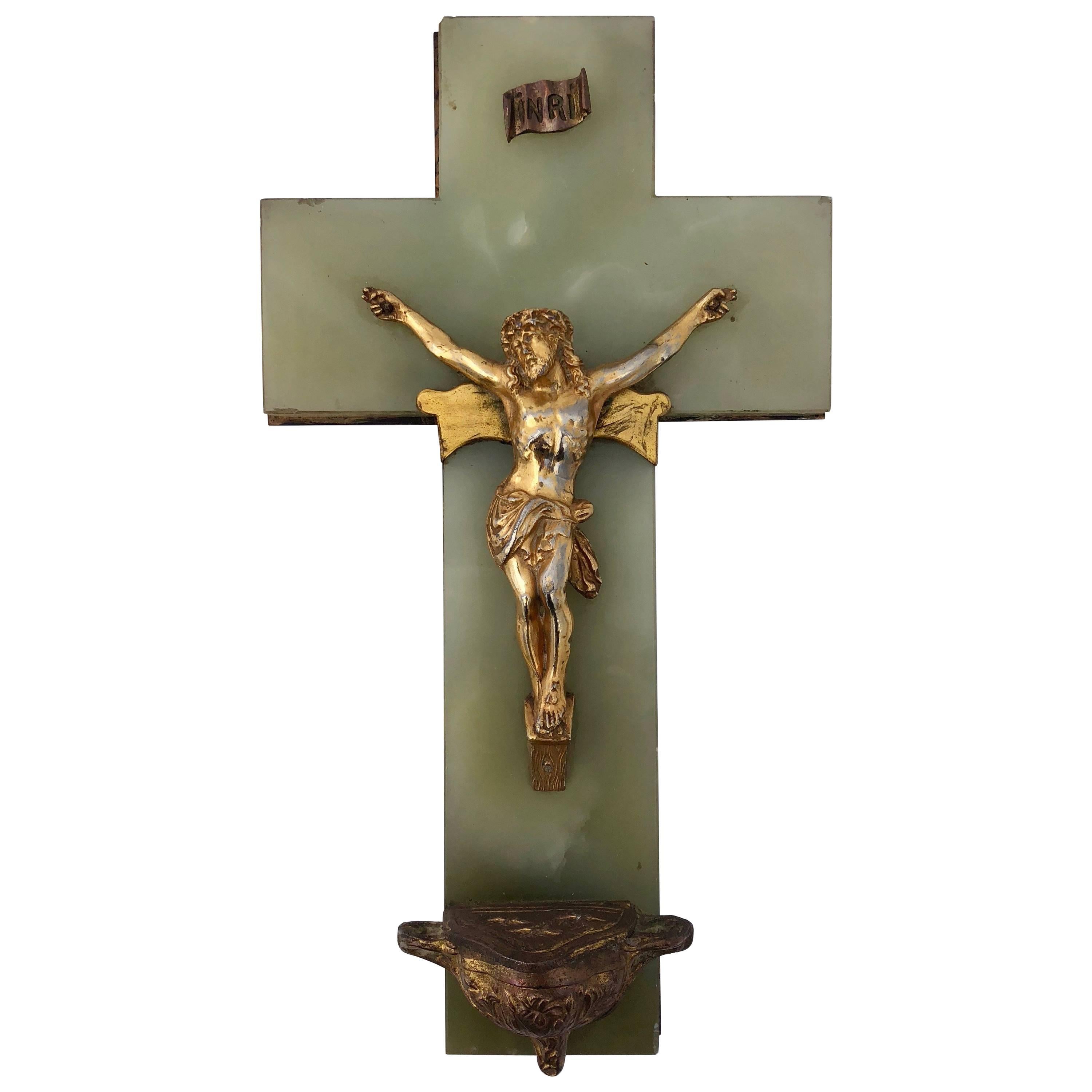 Large 1800s French Benitier Crucifix on Green Marble with Holy Water Font
