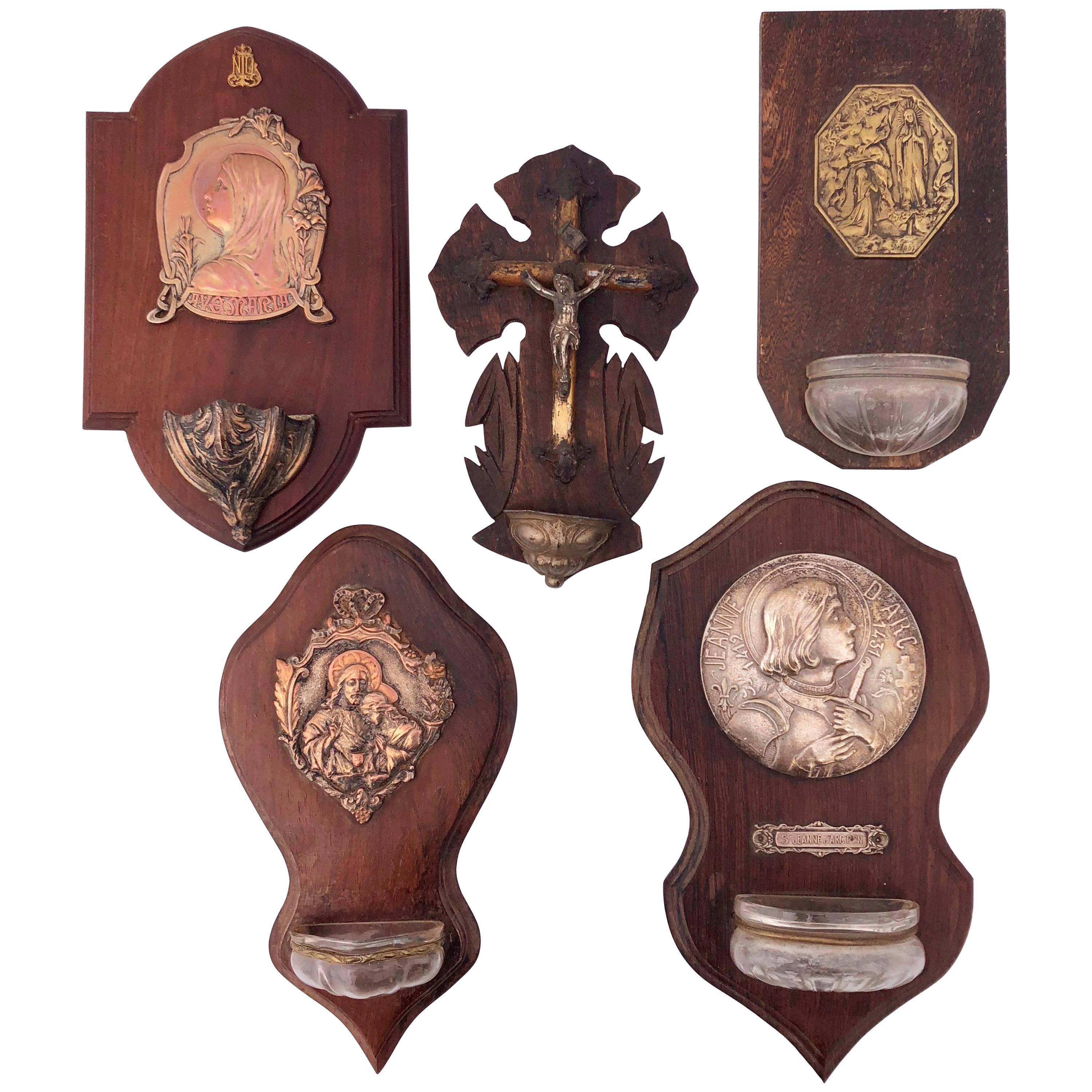 Five French Holy Water Fonts with Metal Medallion and Commemorative Plaques For Sale