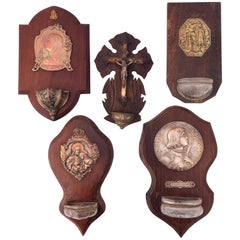 Vintage Five French Holy Water Fonts with Metal Medallion and Commemorative Plaques