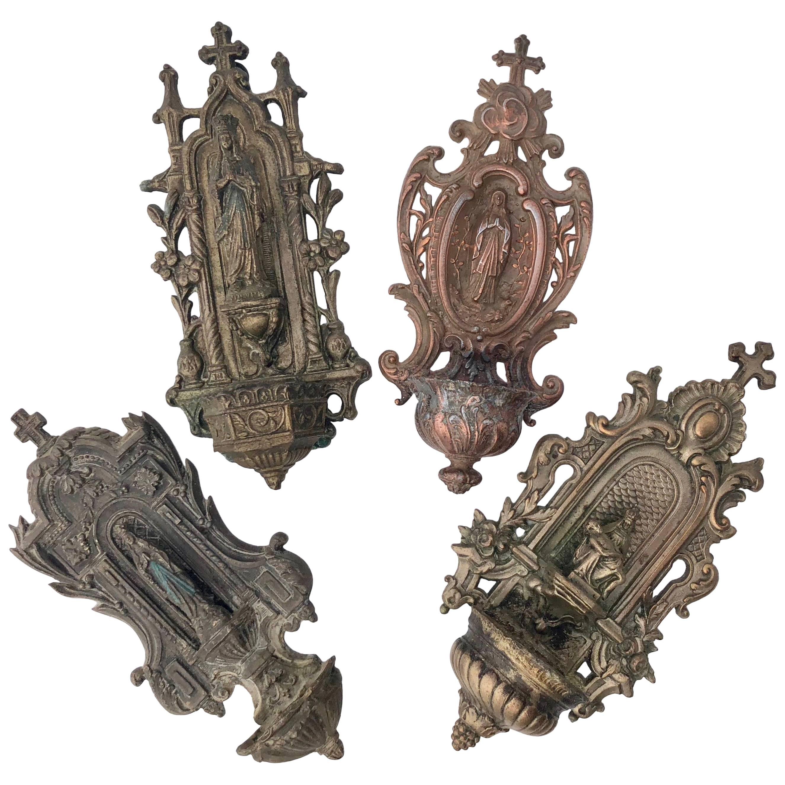 Set of Four French Cast Metal Holy Water Fonts 'Bénitiers' Depicting Mary, 1800s For Sale