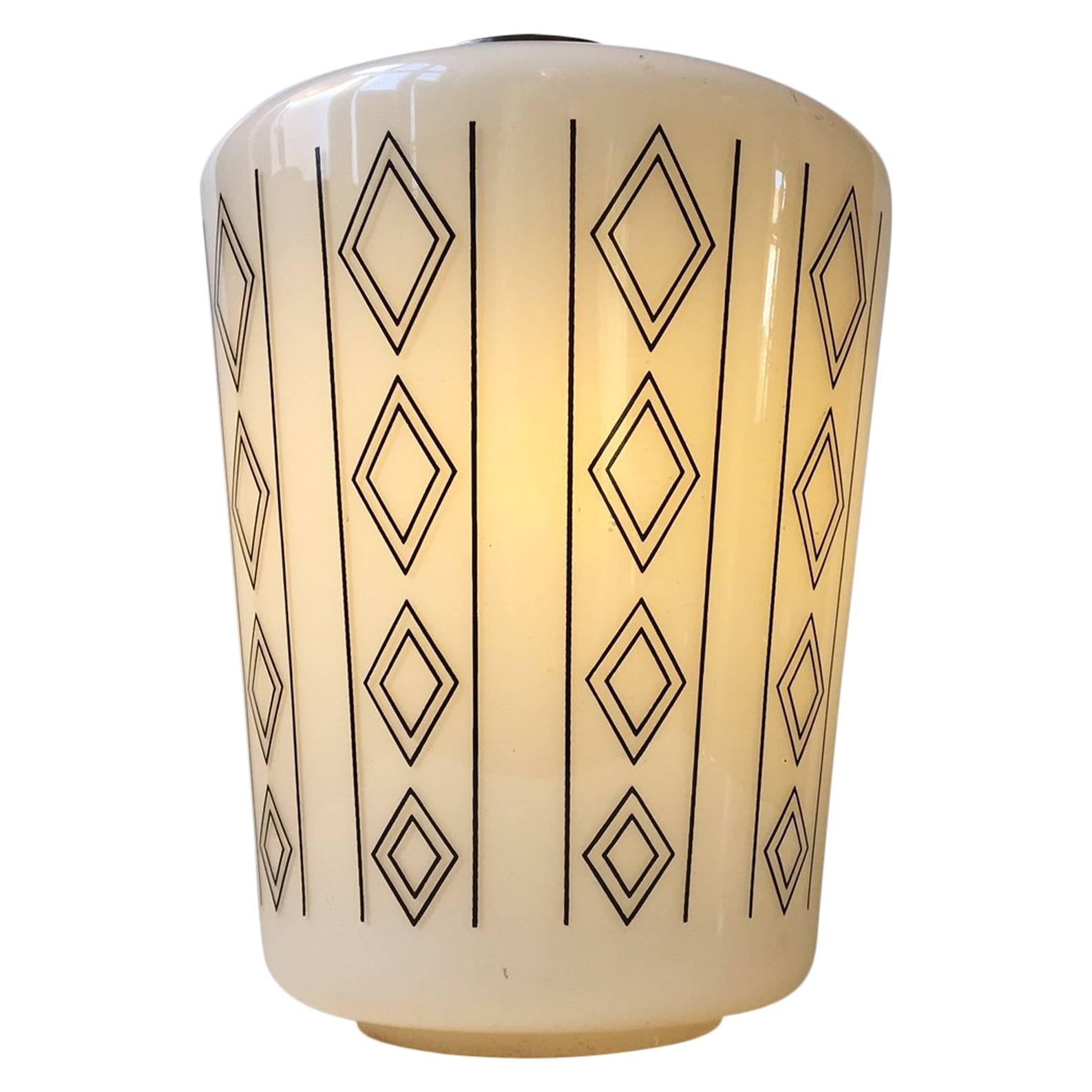 Danish Modernist Opaline Glass & Brass Pendant Lamp with Diamond Pattern, 1950s