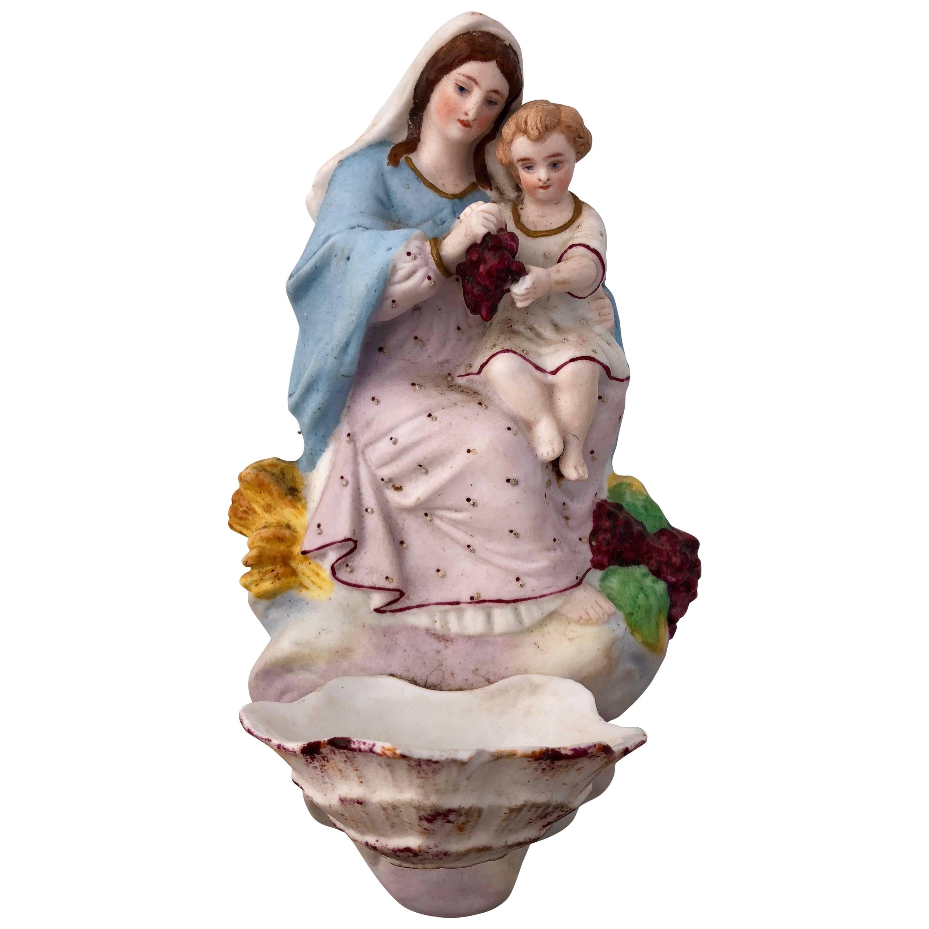 Bisque Hand-Painted Faïence Bénitier Mary and Jesus Blessing Grapes, 1800s For Sale