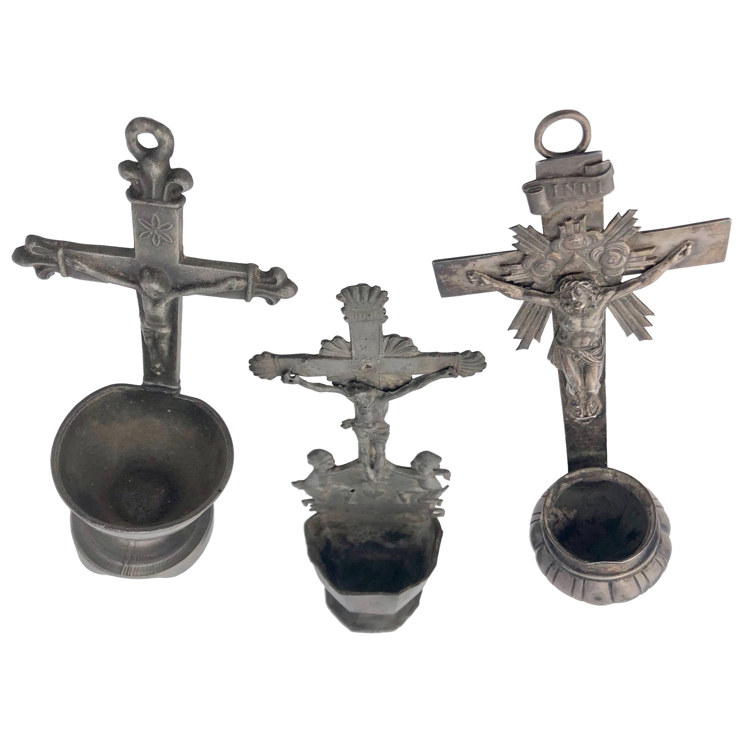 Set of Three French Pewter Crucifix Holy Water Fonts/Bénitiers, 1900s For Sale