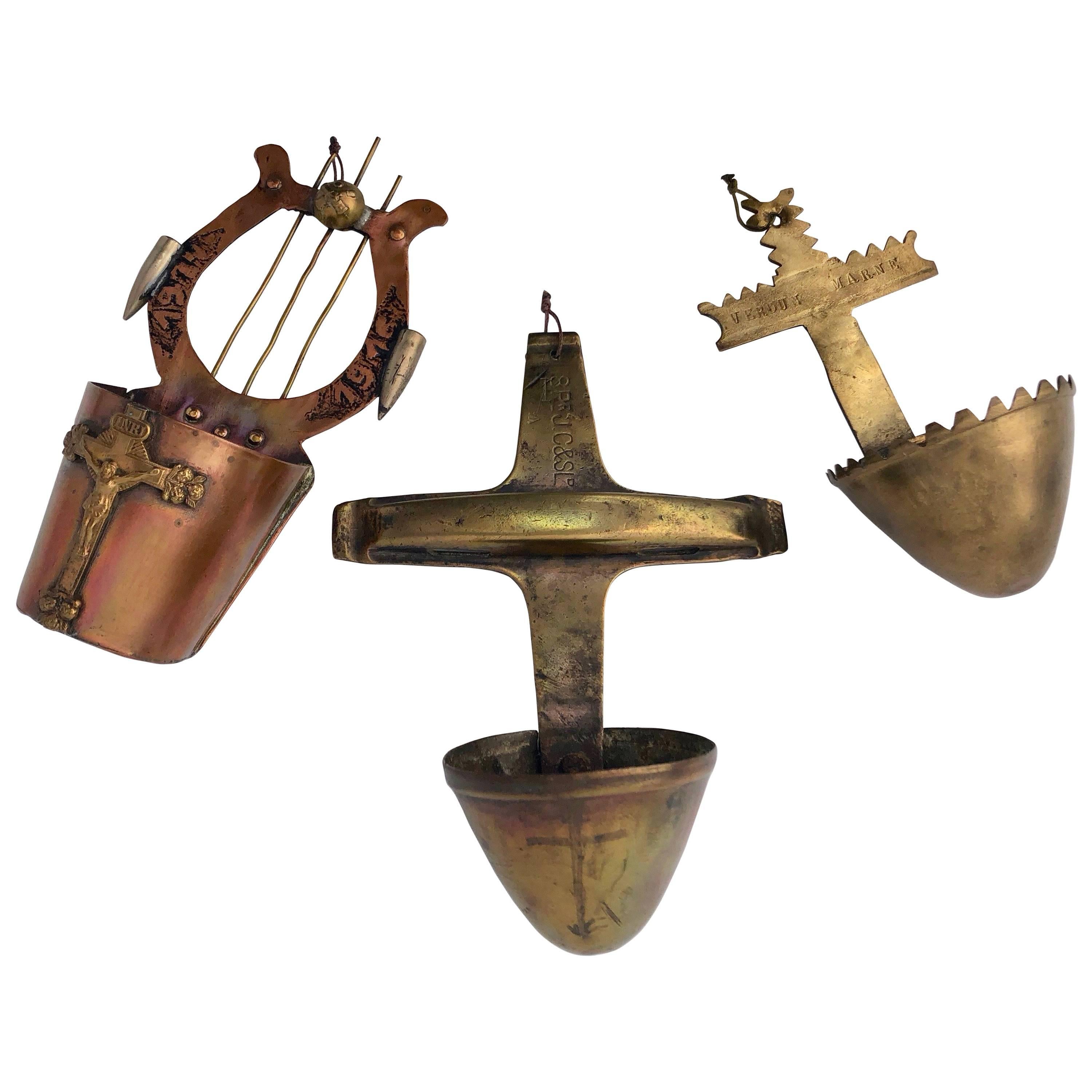 Three Brass and Copper Trench Art Holy Water Fonts/Bénitiers with Crosses, 1900s For Sale