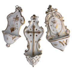 Set of Three French White Porcelain Holy Water Fonts 'Bénitiers' with Crosses