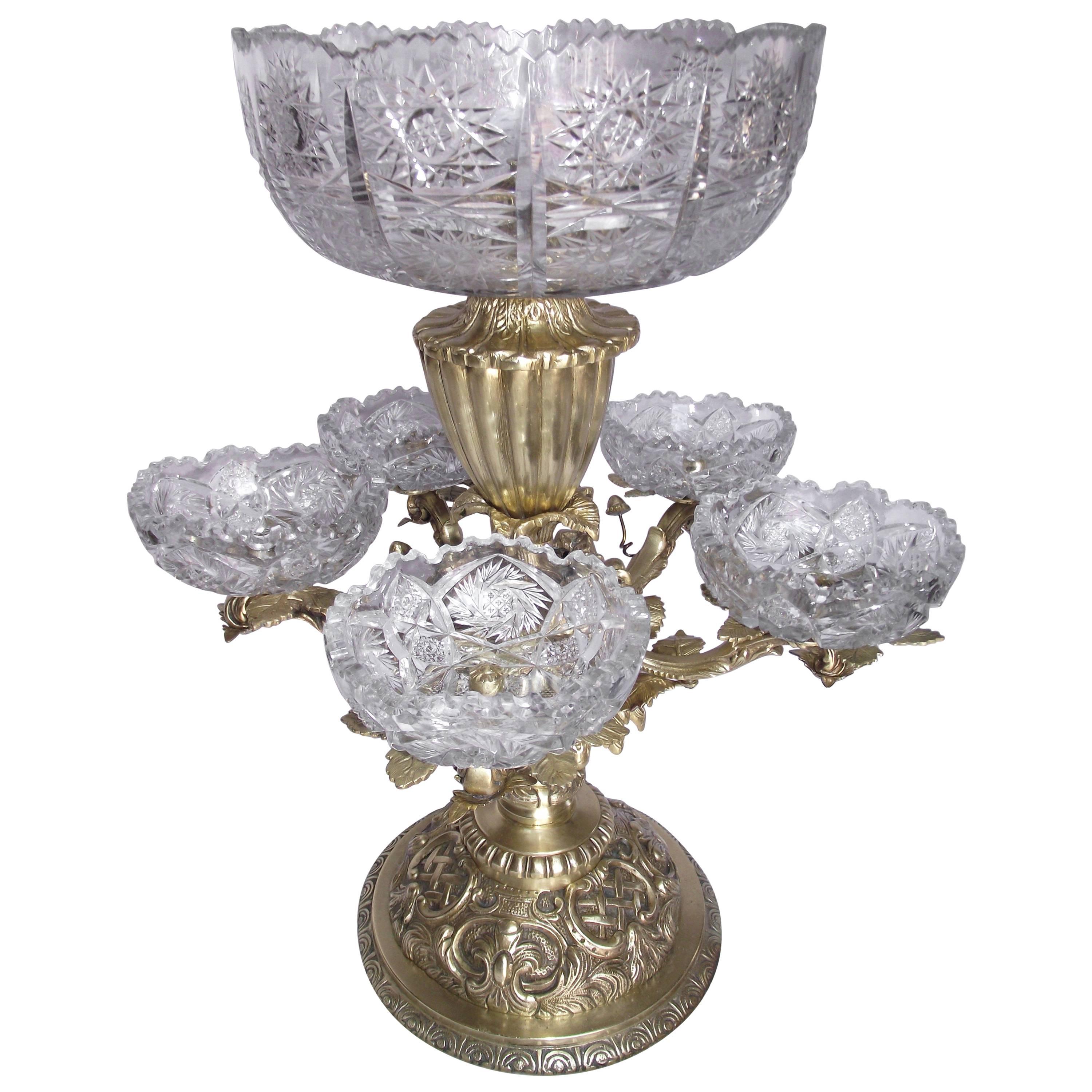 Victorian Epergne Centrepiece, Brass and Glass Centrepiece for Fruit or Flowers