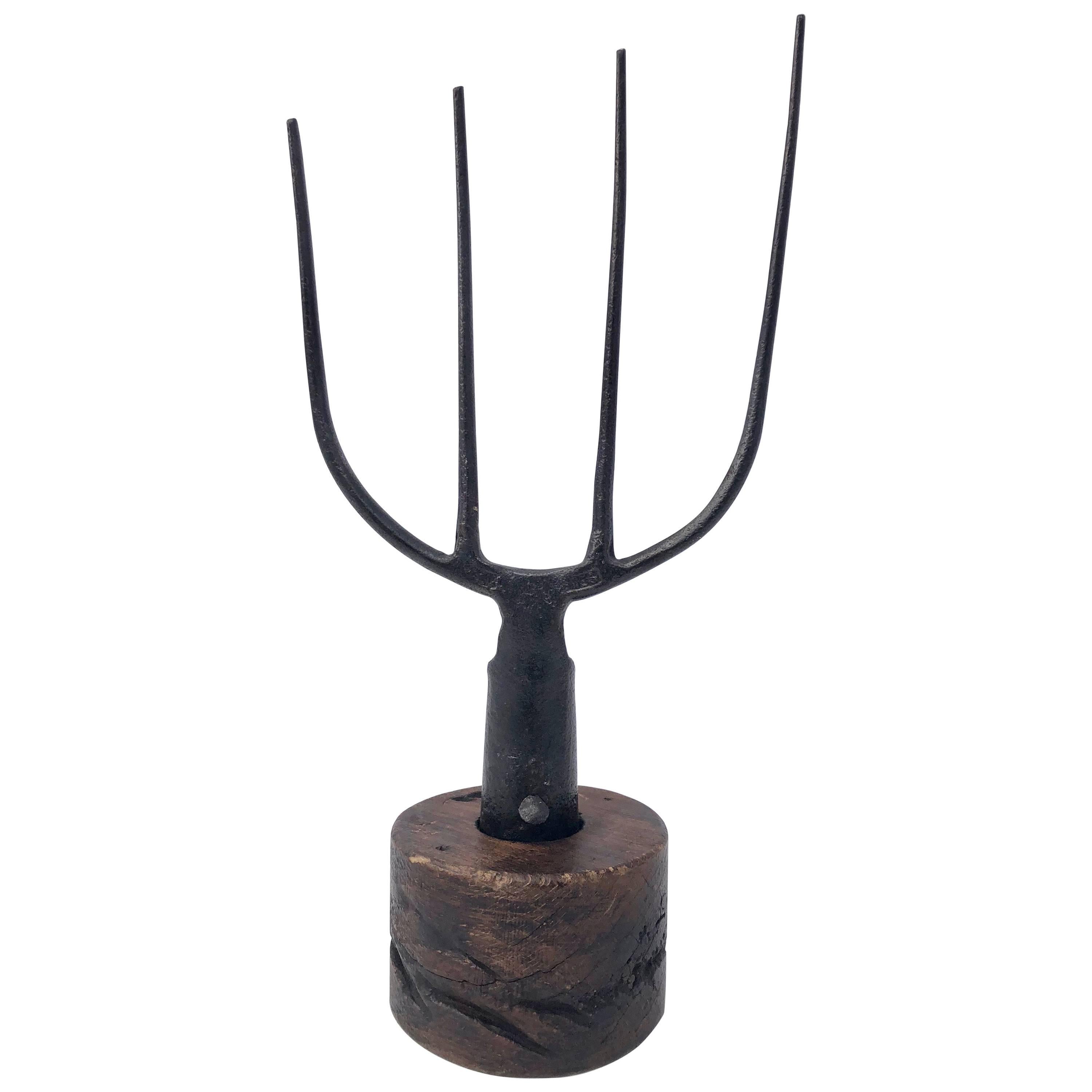 French Antique Wrought Iron Farmer's Fork on a Wood Pedestal, 18th Century For Sale