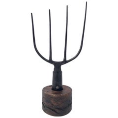French Antique Wrought Iron Farmer's Fork on a Wood Pedestal, 18th Century