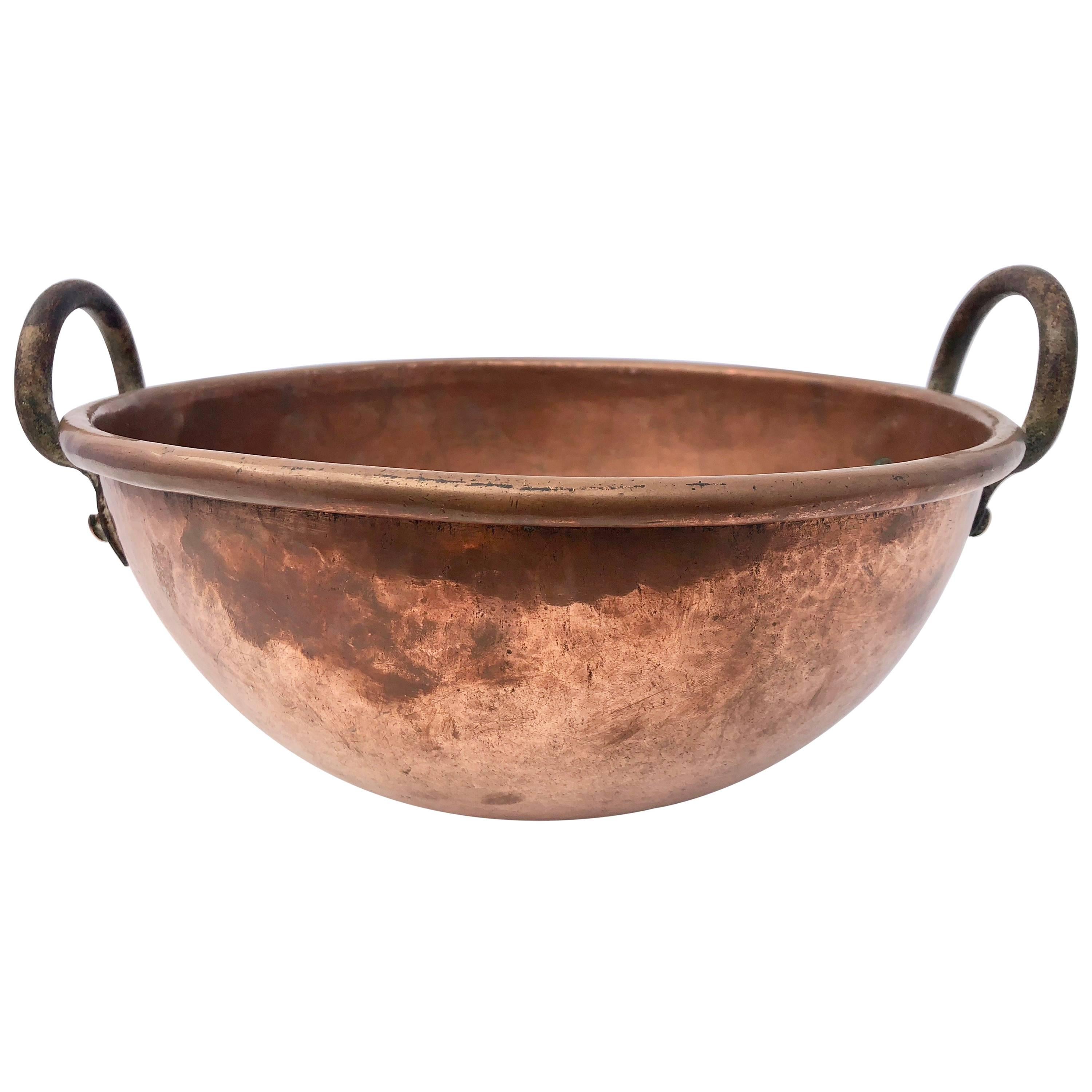 French Antique Copper Preserving Pan "Cul De Poule" with Wrought Iron Handles For Sale
