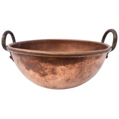 French Used Copper Preserving Pan "Cul De Poule" with Wrought Iron Handles