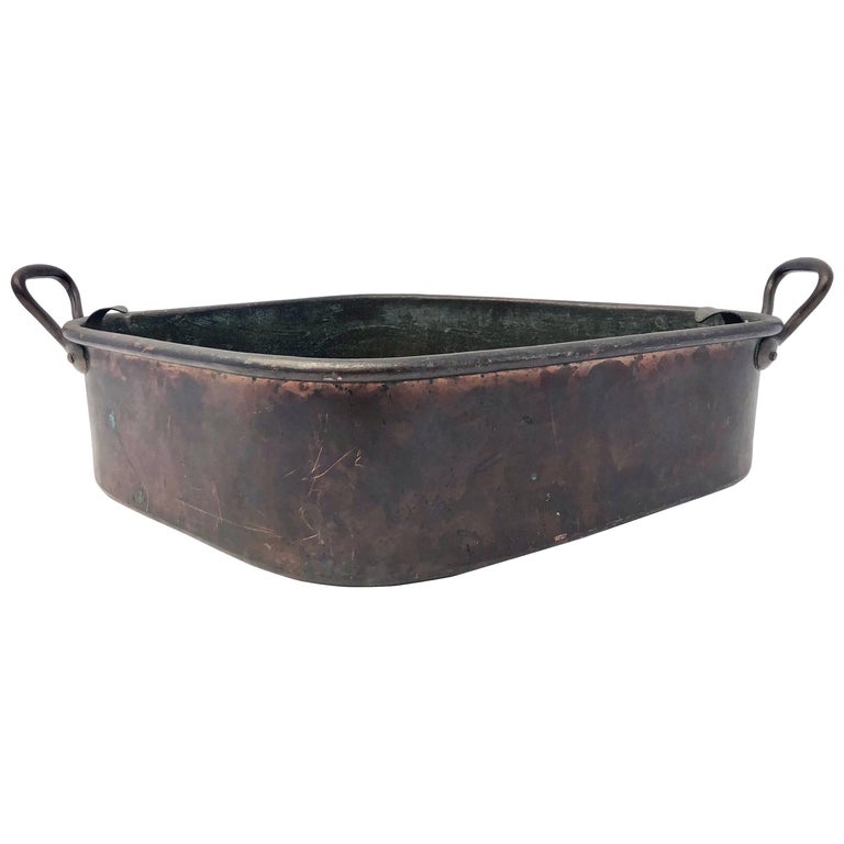 French Copper Turbot Cooker Pan, Wrought Iron Handles with Strainer, 1700s For Sale