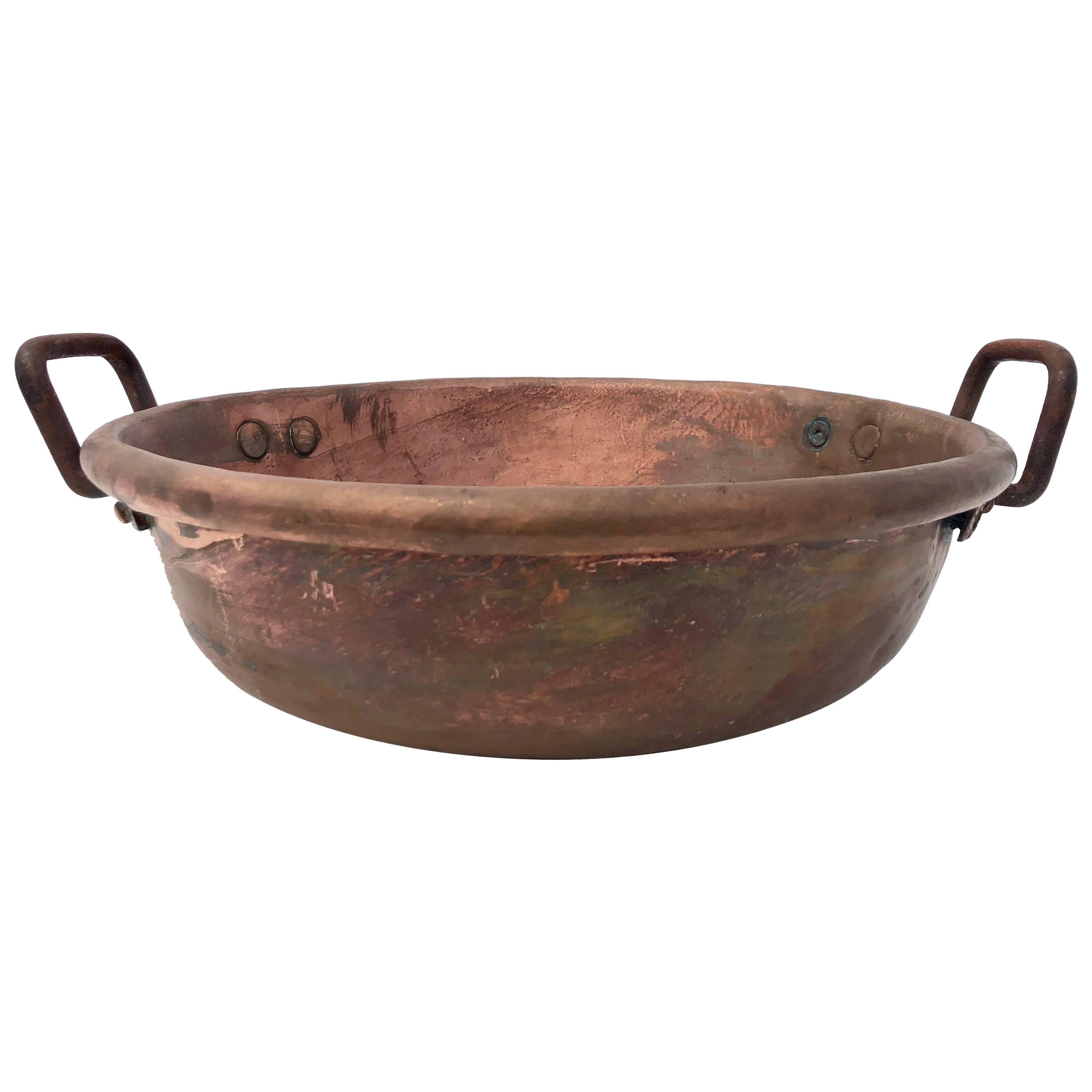 French Copper Preserving Pan/Sugared Almond Pan, Wrought Iron Handles, 1800s For Sale