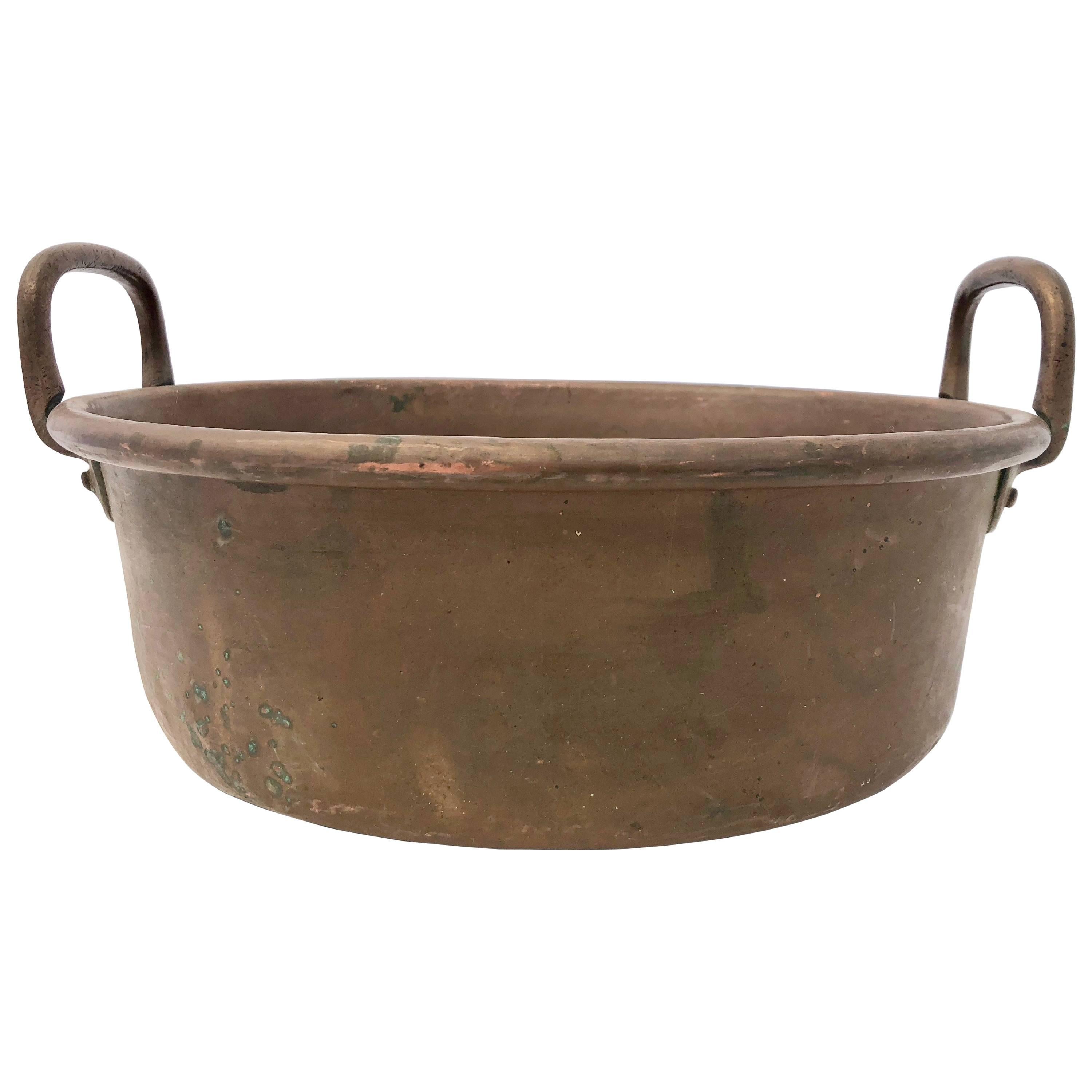French Antique Copper Preserving Pan with Wrought Iron Handles, 1800s For Sale