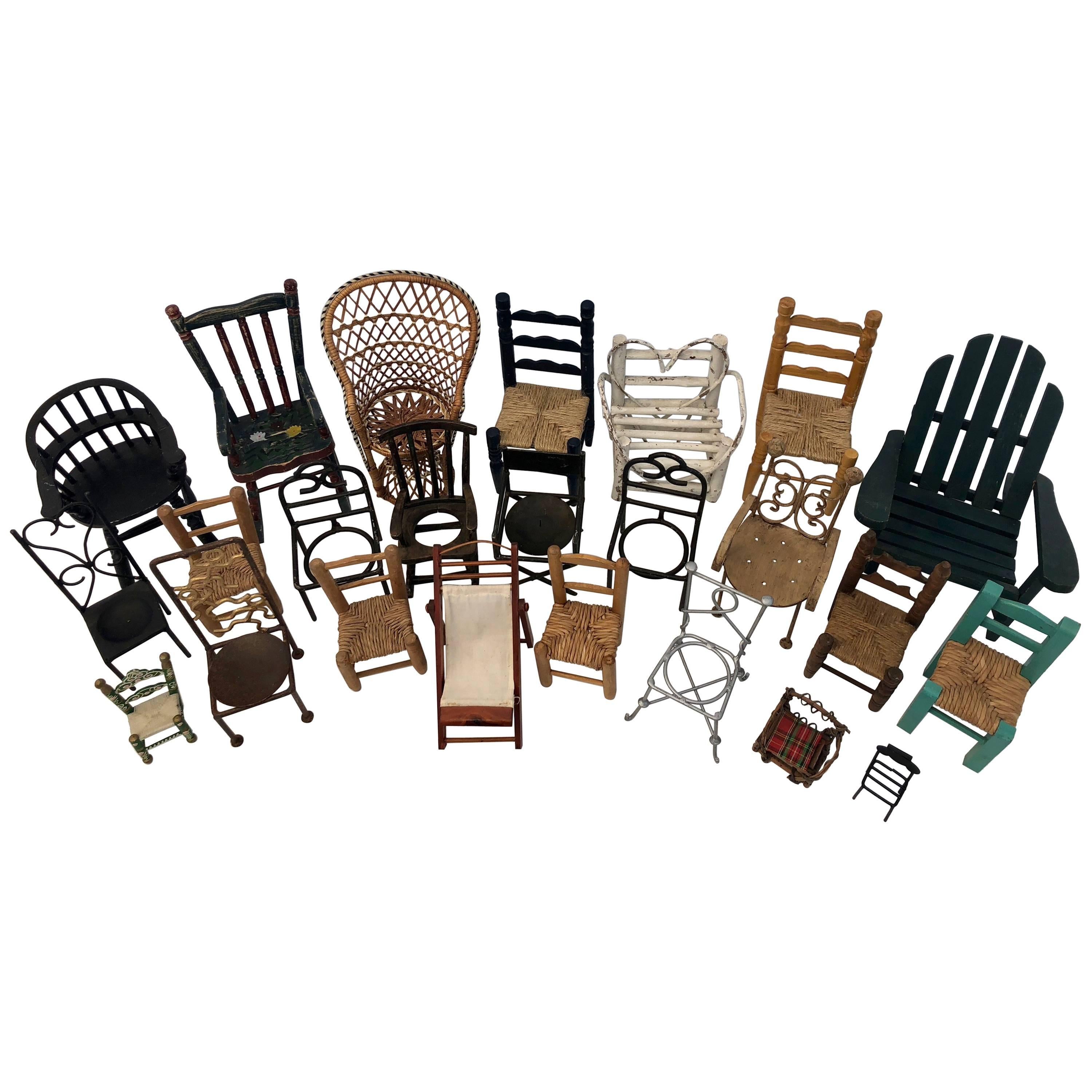 French Vintage Collection of 24 Miniature Chairs in Assorted Materials