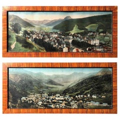 Antique Two French Framed Colorized Photos of Auvergne Mountains and Volcanos