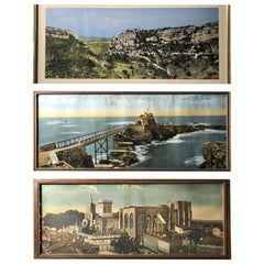 Antique Three French Framed Souvenir Colorized Photos of Rocamadour Biarritz and Avignon