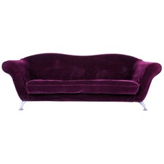 Designer Sofa Velours Fabric Dark Red Three-Seat Couch Elegant