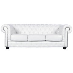 Chesterfield Three-Seat Sofa White Leather Couch Vintage Retro Rivets